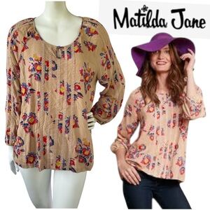 Matilda Jane Kaia Tan Floral Boho Lace Detail Peasant Hippie Blouse Shirt Sz XL
